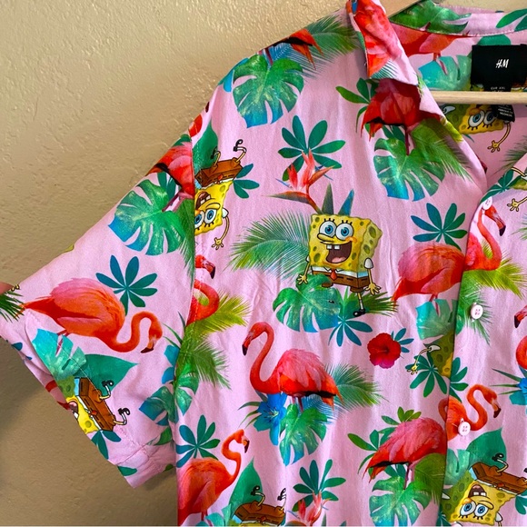 H&M- Button down shirt Sponge Bob and Hawaiian print flamingo palms flowers XXL - Picture 2 of 7